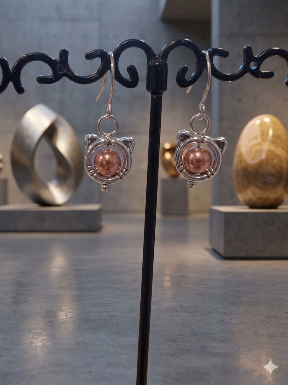 Silver Cat Ear Drop Earrings with Rose Gold Pearl